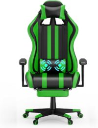 Soontrans Silla Gaming con Masajeador, Reposapiés y Cojín Lumbar de Masaje, Ergonómica y cómoda para Gaming y Livestream. Disponible en verde.